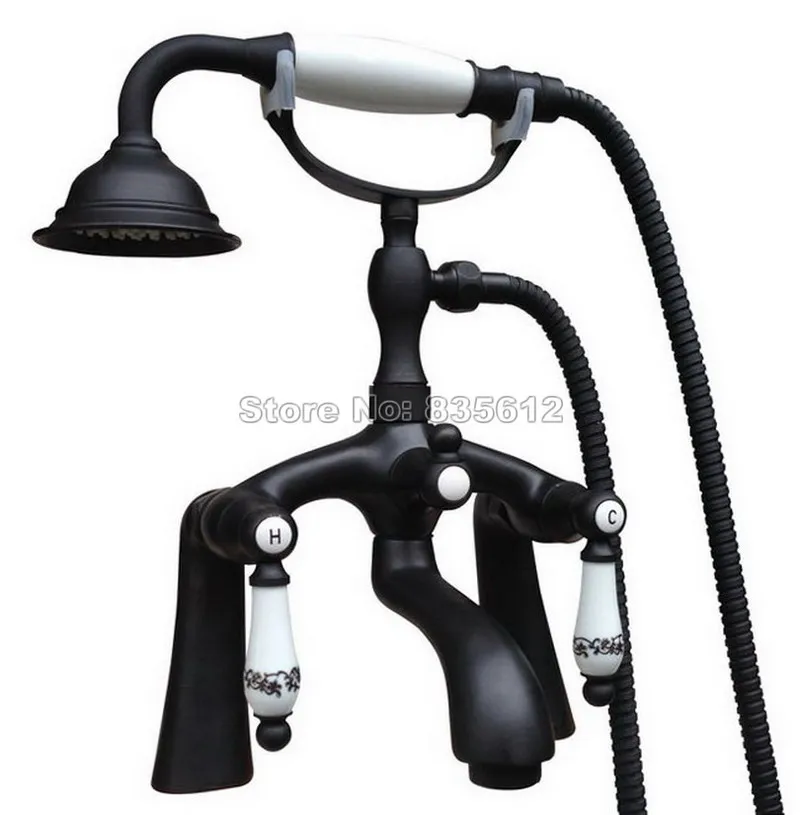 Black Oil Rubbed Brass Deck Mounted Bathroom Bathtub Faucet + Telephone Style Handheld Shower + Ceramic Handles Mixer Tap Wtf512