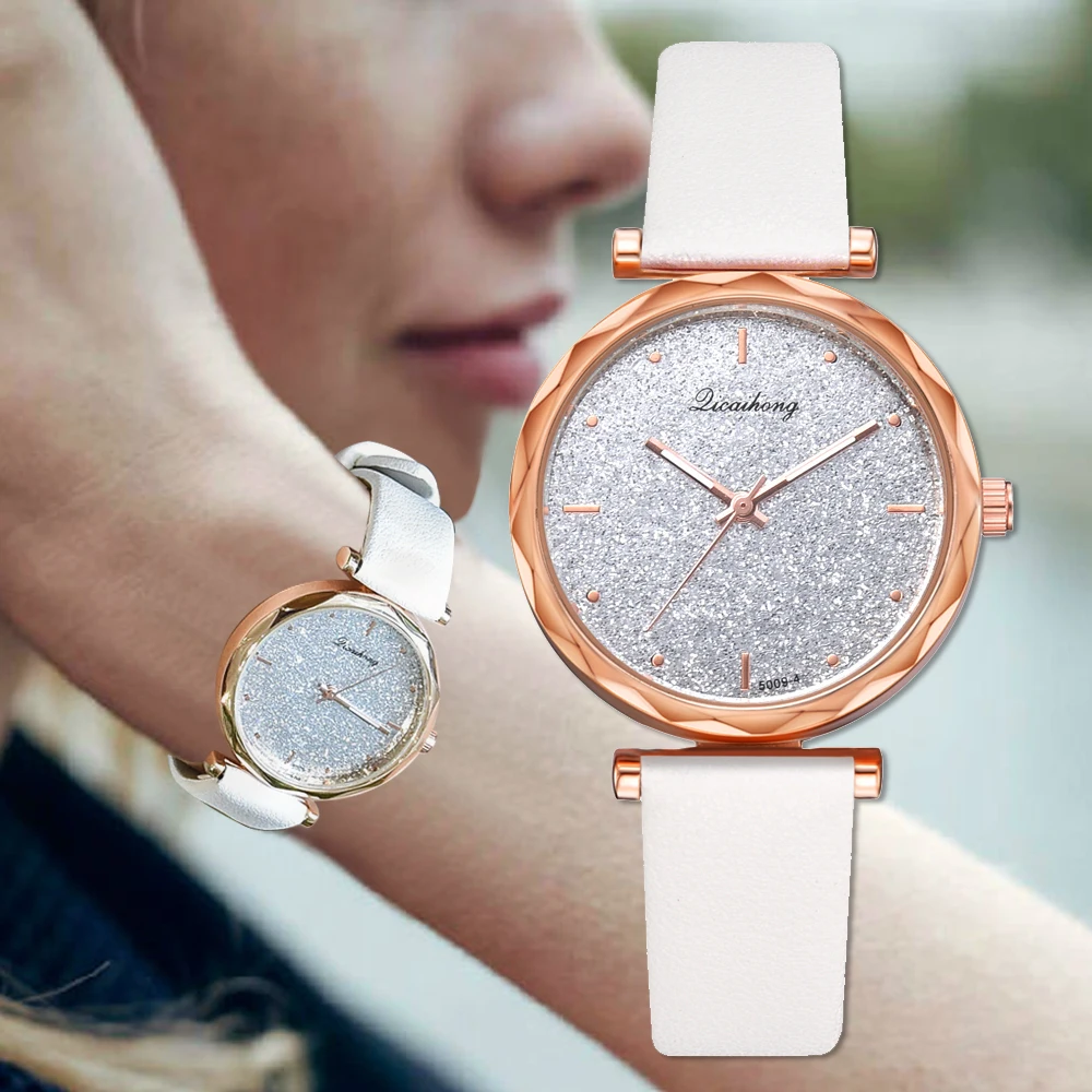 

Luxury Starry Sky Shine Dial Dress Ladies Watch Fashion Simple Leather Design Bracelet Quartz Clock Watch Causal Wristwatch Gift
