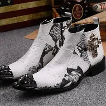 Корен Стиль Для мужчин Указал заклепки с металлическим носком со змеиным Узором Кожа Полуботинки для отдыха на молнии шпилька Ботильоны Клубная обувь