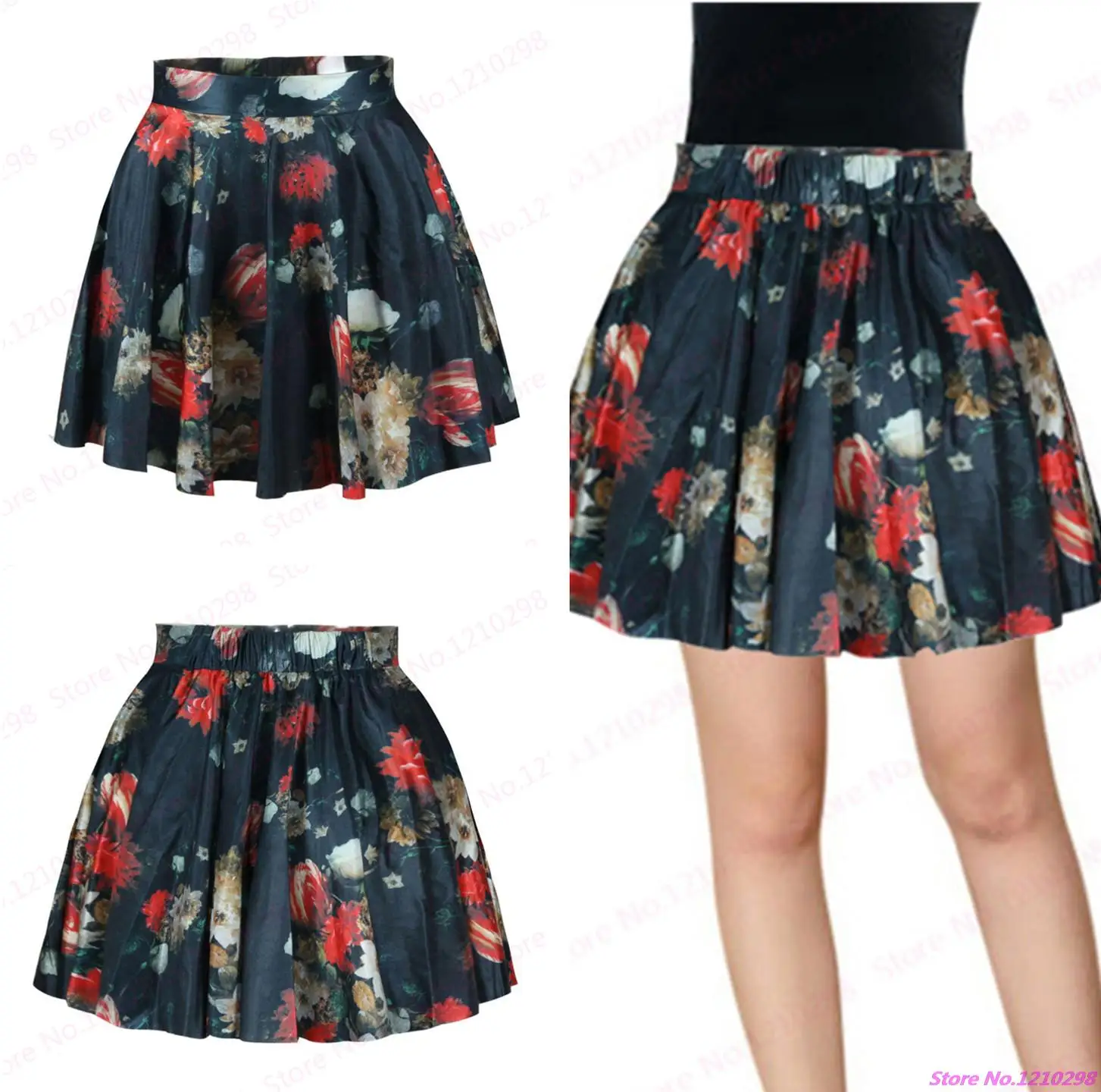 Watercolor Floral Women MiniSkirts Vintage High Waist A Line Tennis