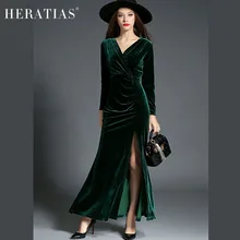 2017 Spring Evening Party Dresses Red Green Velvet Dress Women Vintage Sexy V-Neck Long Sleeve High Split Long Maxi Dresses
