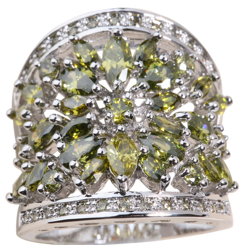 

Huge Green Peridot 925 Sterling Silver Flower For Women Jewelry Ring Size 6 / 7 / 8 / 9 K0635