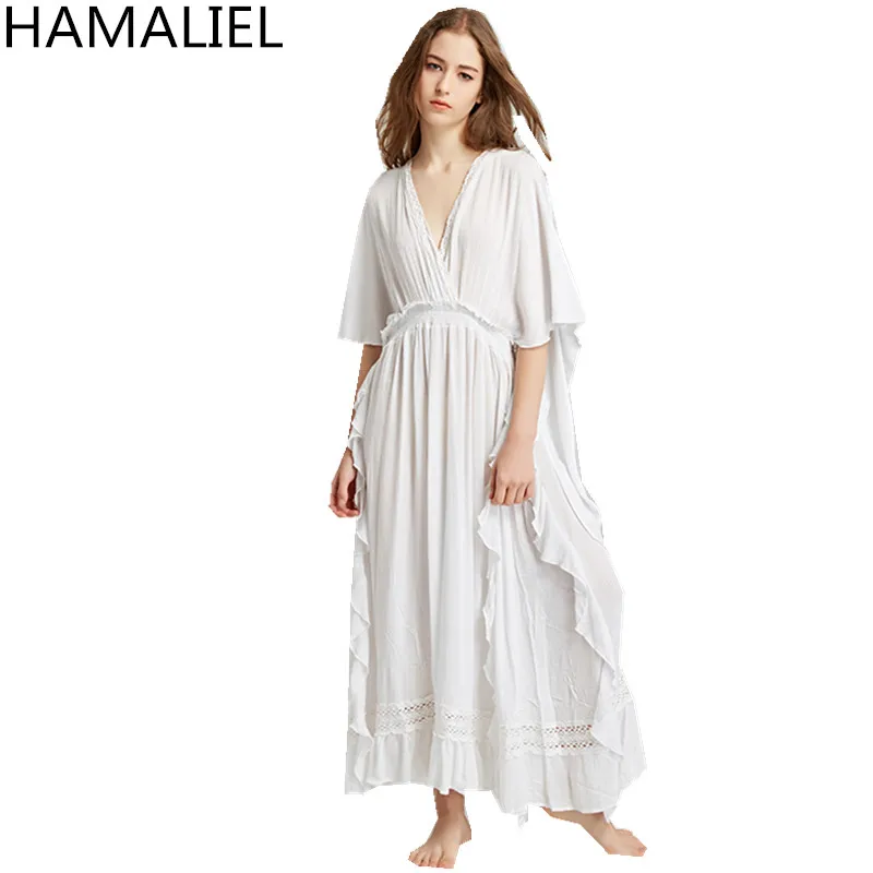 Женское длинное пляжное платье HAMALIEL белое в стиле бохо с глубоким v образным