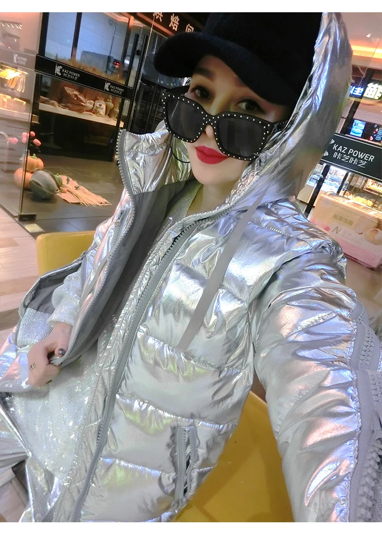 Women Winter Coat Silver Bright Loose Jackets Zipper Sleeve Korean Fashion Coats Hip-hop Cotton Hooded Winter Jacket 2018 CH621 (12)