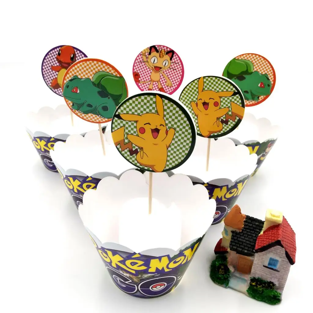 

24pcs Cartoon Anime Pikachu go Pikachu cupcake wrappers decoration wedding party favorscup cake toppers picks supplies