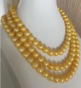 

elegant AAA9-10mm south sea round gold pearl necklace 38inch 14