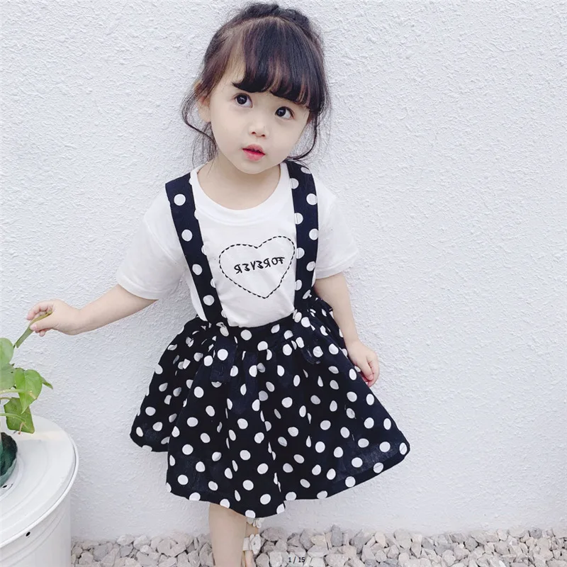 

Mihkalev girls summer outfits 2019 kids clothes girl clothing set white tshirt +dot dress 2pieces children princess clothing set