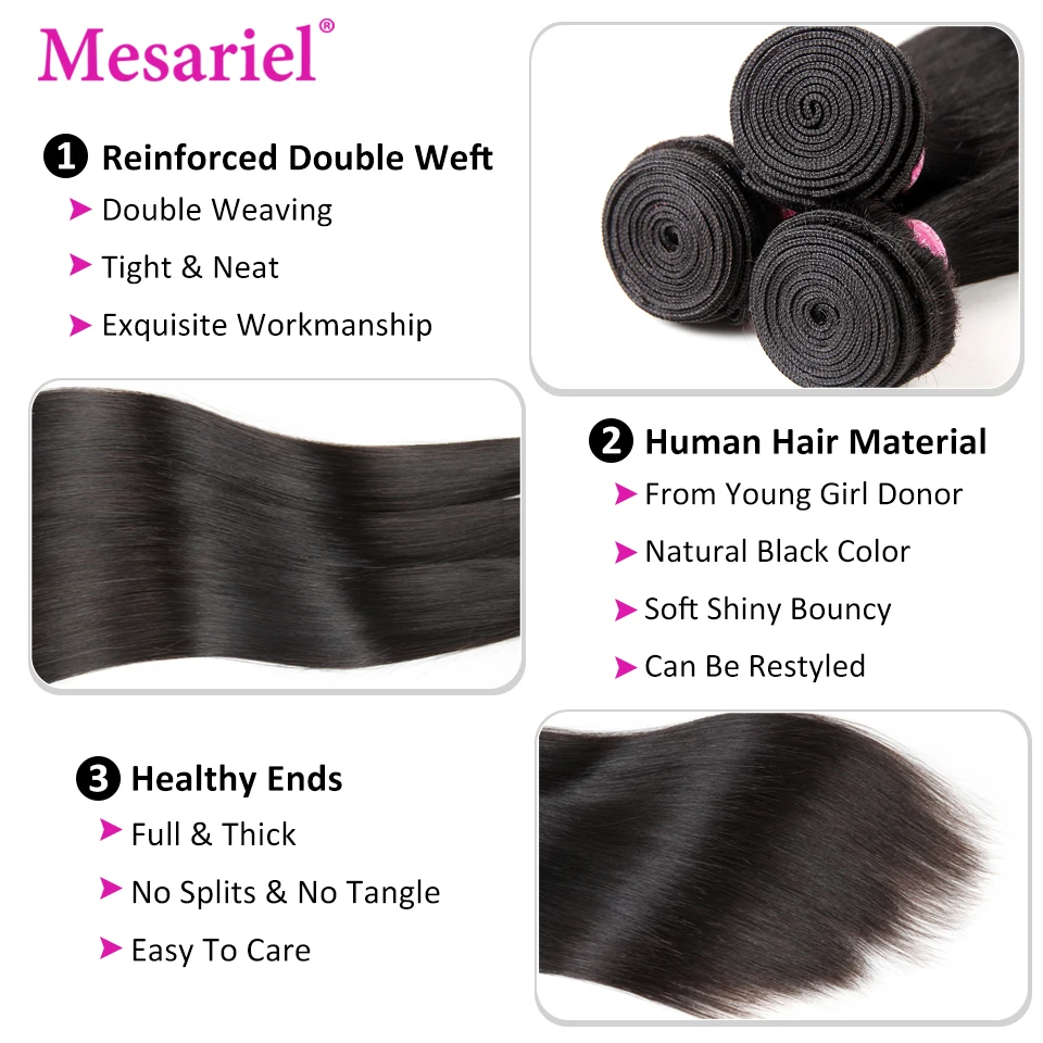 Mesariel Straight Hair Bundles With Closure Brazilian Hair Weave 2 3 4 Human Hair Bundles With Closure Non-remy Hair Extension Mesariel Straight Hair Bundles With Closure Brazilian Hair Weave 2 3 4 Human Hair Bundles With Closure Non-remy Hair Extension