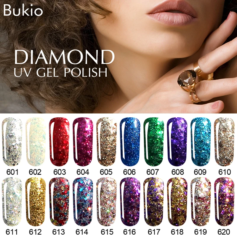 

Bukio Lucky Color Sequins Soak Off Nail Art 8ML Shining Diamond Glitter Color Gel Varnish Series Nail Gel Polish UV Led