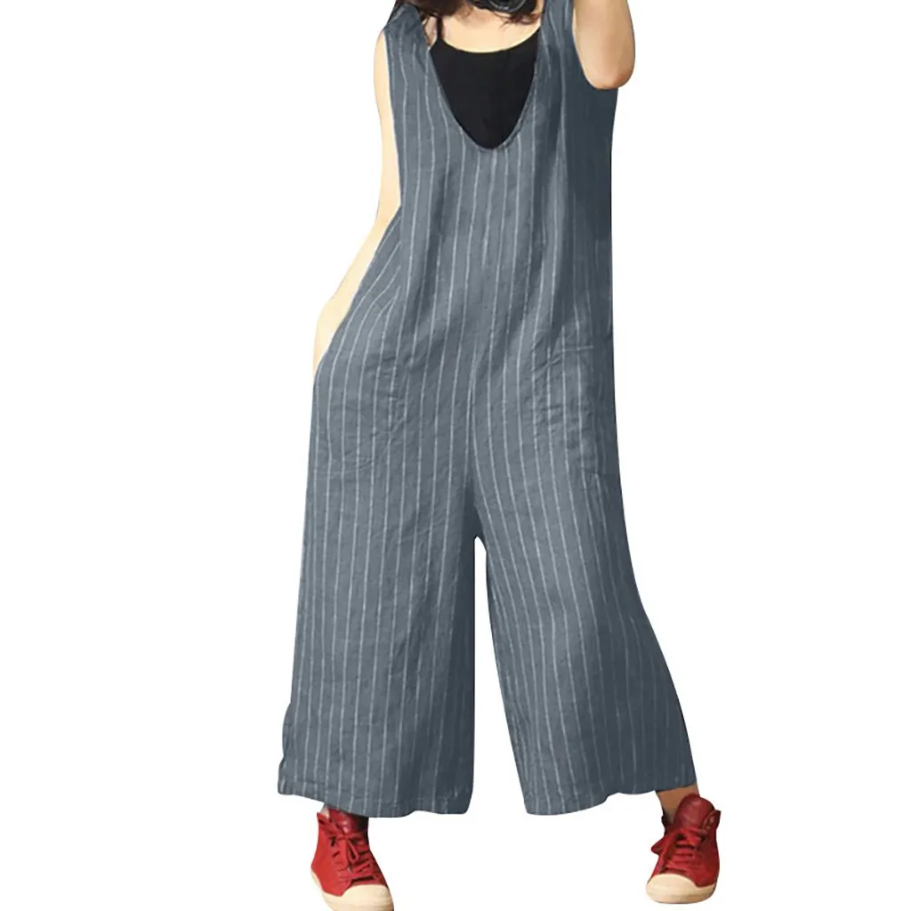 

Womail Summer Striped Print Casual Cotton And Iinen wide leg long jumpsuit rompers elegant plus size women clothes 2019 fashion