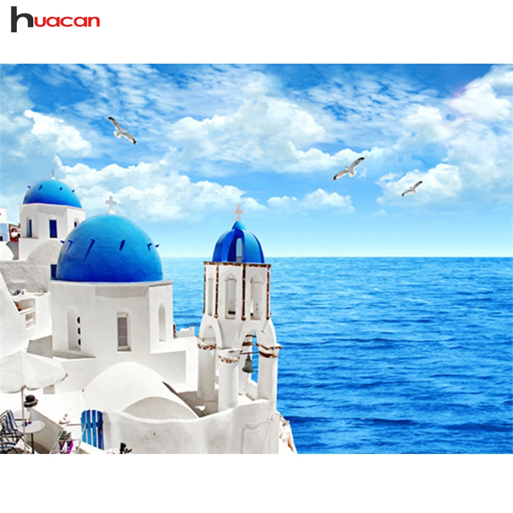 

Huacan Diamond Embroidery Landscape Picture of Rhinestones Diamond Painting Seaside Castle Home Decor Needlework DIY