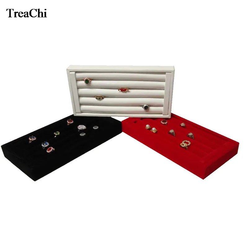 

Quality Wooden Ring Bar Jewelry Display Case Red Velvet Earring Bead Storage Organizer Box White PU Cufflink Ring Tray 11*22 CM