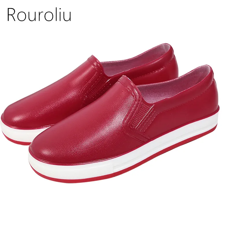 

Rouroliu Women PVC Waterproof Non-Slip Ankle Rainboots Autumn Water Shoes Woman Wellies Candy Color Flat Rain Shoes FR8