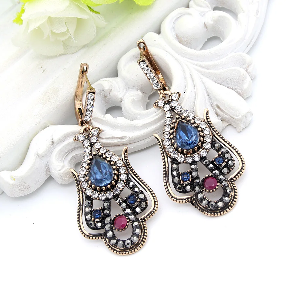 New Vintage Turkish Women Earrings Blue Resin Tulips Flower Long Hook
