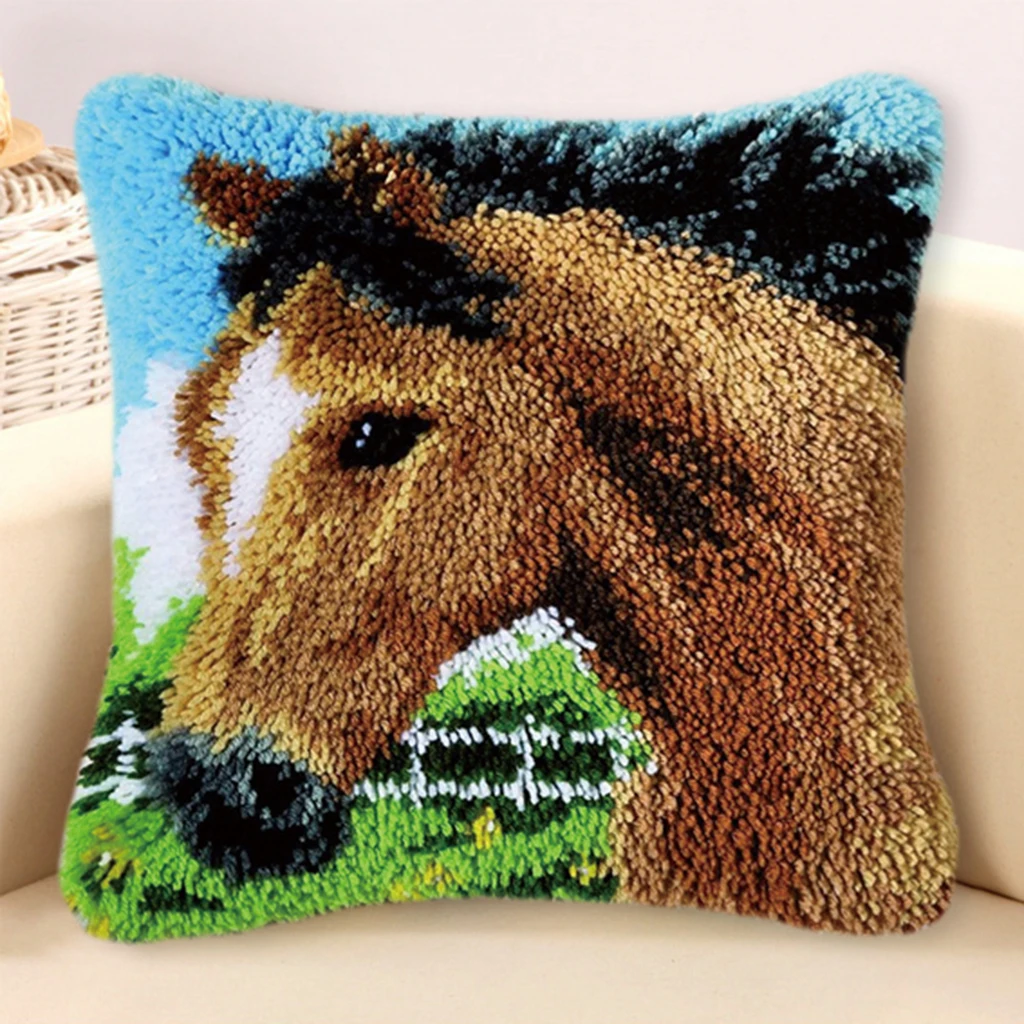  4 Sets Latch Hook Rug Making kits for Adults Embroidery Rabbit Cat Horse Pillowcase Cushion Cover 43 x 43cm