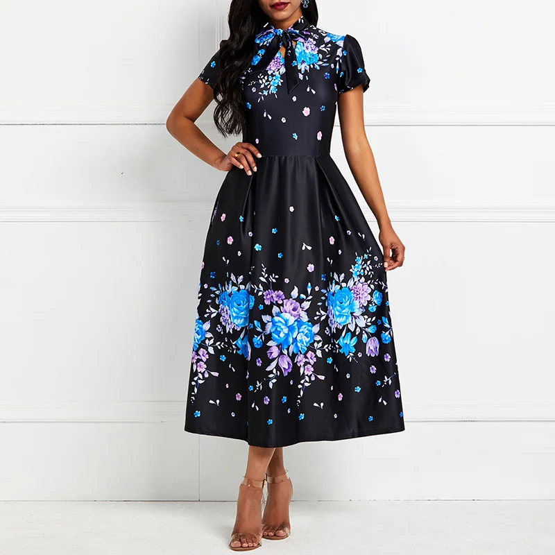 

Summer Dresses Elegant Floral Print Fashion Women Blue Holiday Casual Street Ladies Slim Sweet A Line Robe Vintage Midi Dress