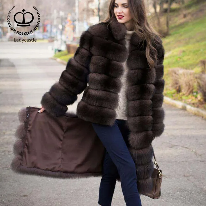 

2018 Fashion Natural Fox Fur Coat For Women Stand Collar Long Fur Jacket With Removable Bottom Luxury Fur Coats For Girls FC-027
