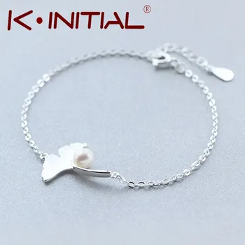 Kinitial 1Pcs Fashion Feather Leaves Bracelets&Bangles 925 Silver Ginkgo Pearl Bracelet Jewelry Femme Wrist prata 925 masculino