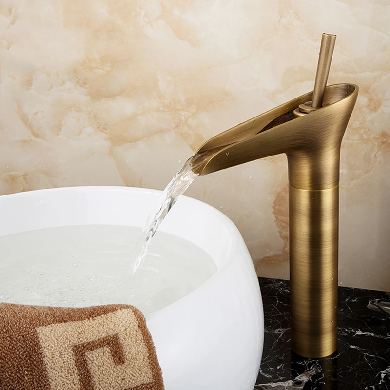 Waterfall-Bathroom-Faucet-Antique-Brass-Faucet-Single-Handle-Vanity-Sink-Mixer-Tap-Deck-Mount-Lavatory-Faucet