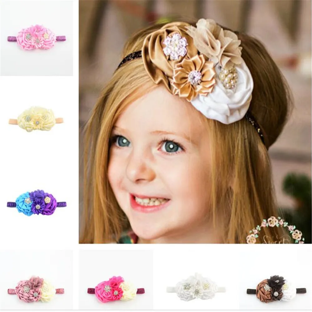 Wholesale Baby Girls Infant 5Pcs Elastic Headband Crystal Flower Hair Bow Band