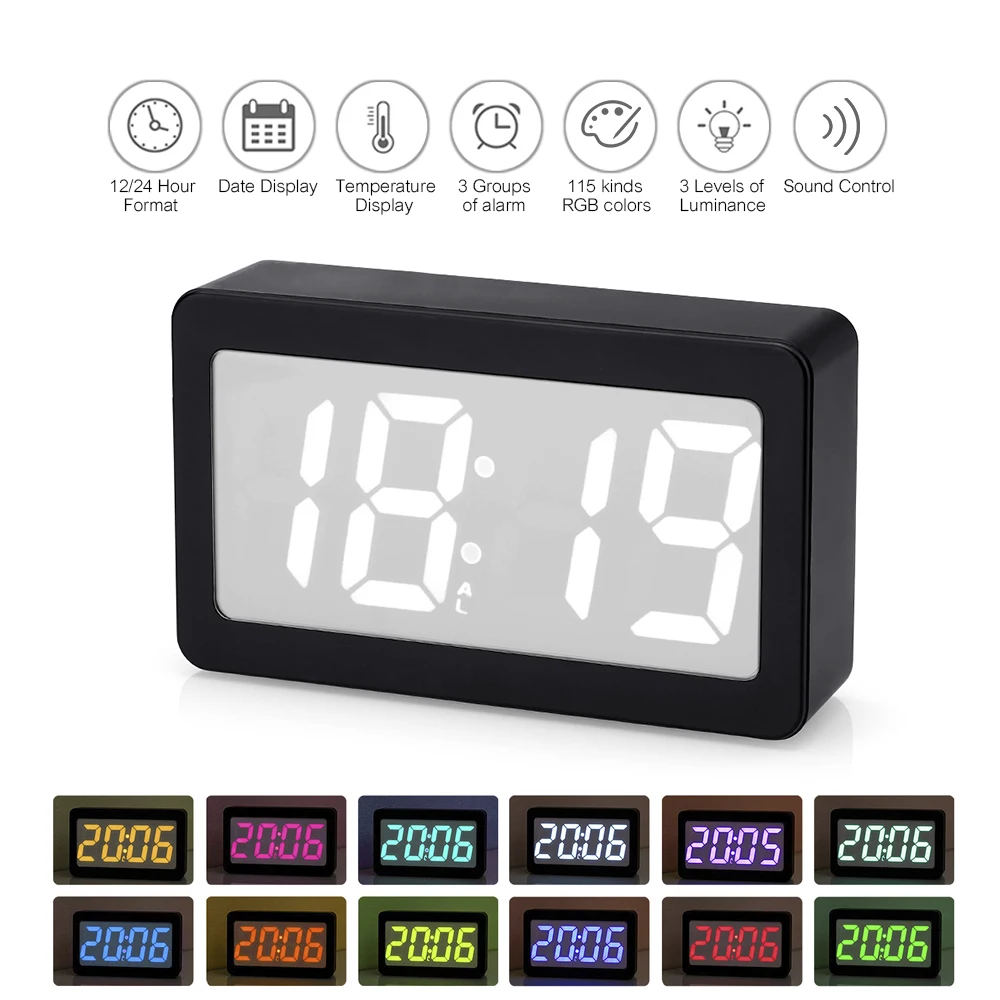 

USB/Battery Powered LED Alarm Clock Time Temperature Date Digital Clock Color Changing Sound Control Table Clock Home Decor