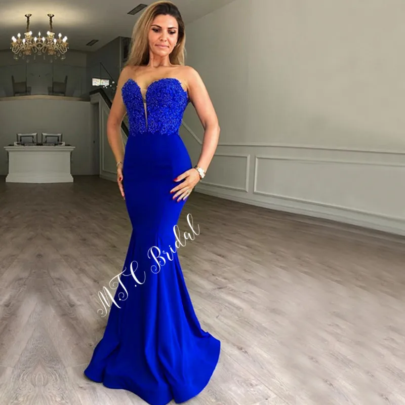 Vestido de festa платье с юбкой годе Королевского синего цвета вечернее платье бисерные аппликации эластичное атласное длинное платье для выпускного под заказ - Цвет: Royal Blue