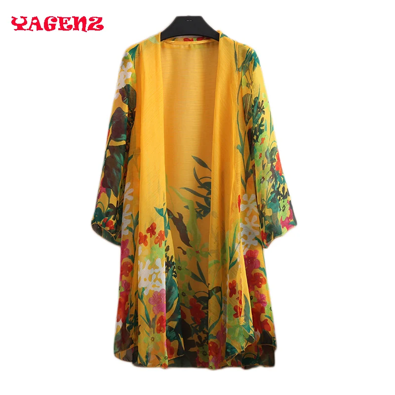 

2018 Summer clothes new fashion printing 7 points sleeve loose large size cardigan Women's clothing Chiffon shirt