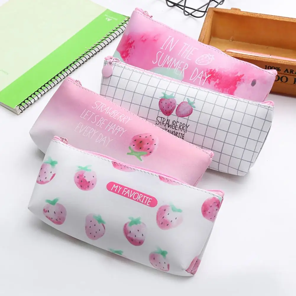 

Top Strawberry Faux Leather Pen Box Pencil Pouch Student Office Storage Zipper Bag
