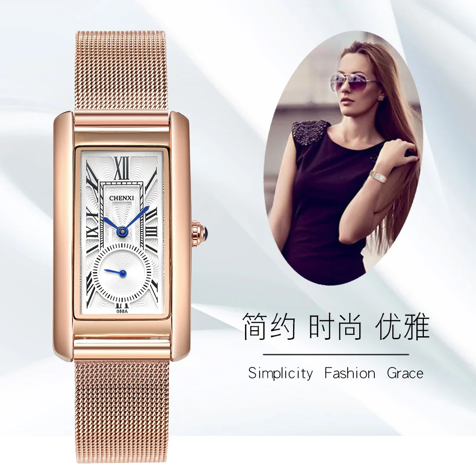 CHENXI Popular Rose Women Casual Watches Unique Rectangle Roman Numeral Blue Pointer Stop Watch Waterproof Elegant Lady's Clock CHENXI Popular Rose Women Casual Watches Unique Rectangle Roman Numeral Blue Pointer Stop Watch Waterproof Elegant Lady's Clock