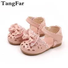 Детские кожаные сандалии с бантиком, ажурная кружевная обувь для девочек, детские первые ходунки, детская обувь, белый, розовый