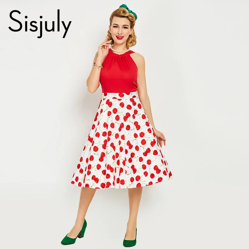Sisjuly Vintage Dress 1950s Style Spring Summer Cherry Print Red Women Party Dress 2017 New Elegant