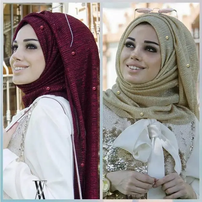 Модный женский Блестящий хиджаб, гофрированный хиджаб, накидки с жемчугом, мусульманские, однотонные, в складку, Шиммер, платок, Арабский Дубай
