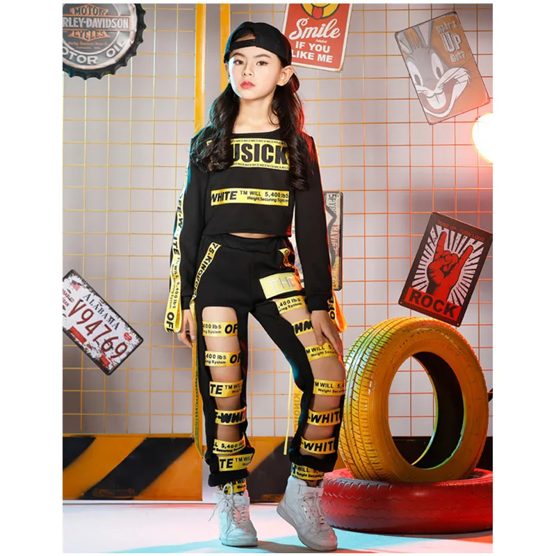 

Girls Hip Hop Dance Costumes Sets Children Black letter Ribbon Jazz Clothes Short/Long-Sleeved Modern Halloween Party Clothing