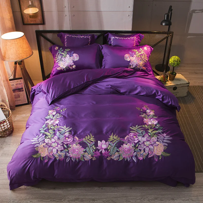 

2017 Embroidery Bedding Set Super Soft tencel Duvet Cover Flat Sheet Pillowcase Bed Set Queen King Size