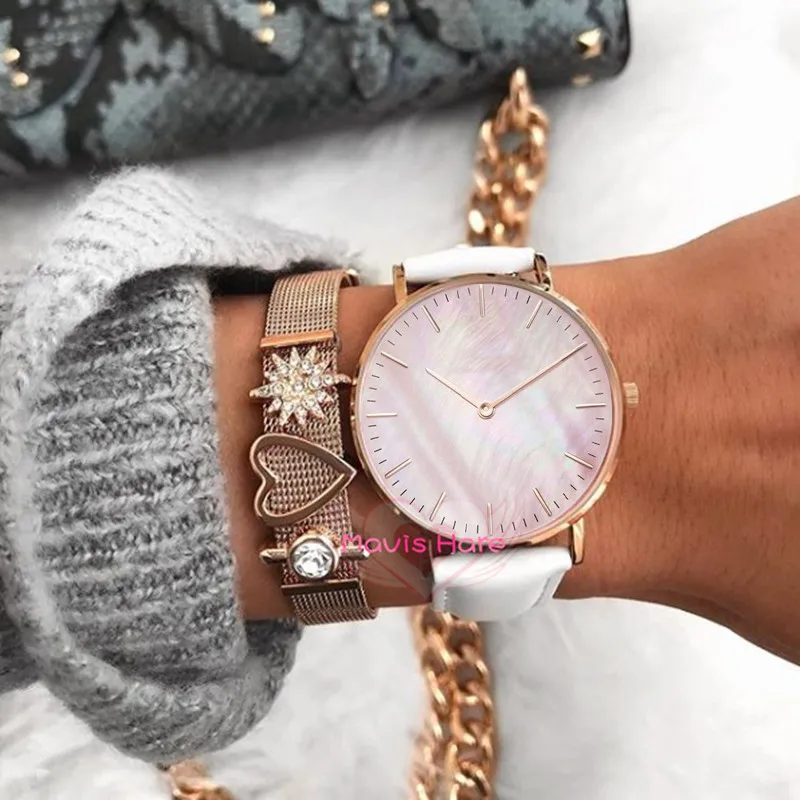 

Mavis Hare Rose Gold Wrist Watches with pink seashell PU Leather wrap Bracelet Watch mixed 11 color leather as Gift Without LOGO