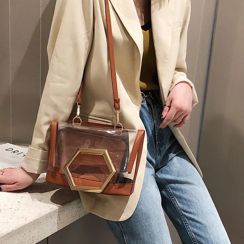 

Luxury Brand 2019 new wild Clear Women Handbags Jelly Transparent Summer Vacation Beach Bags Shoulder Bag Sac Leather 2PCS Tote