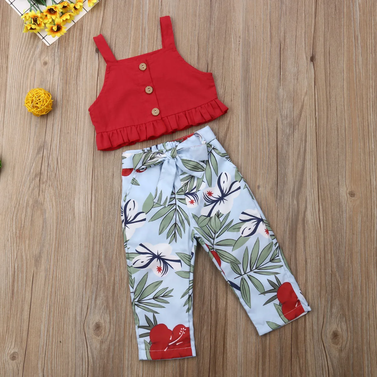 Одежда для маленьких девочек, топы на бретелях+ длинные штаны с цветочным принтом, летний комплект одежды