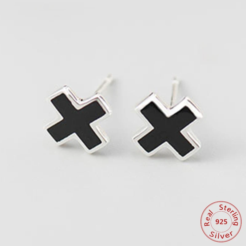925 пробы, серебряные, черные, клеевые серьги-гвоздики, 15 мм, милый крест, дизайн S925, ювелирные изделия, серьги для женщин, мужчин, вечерние, brinco