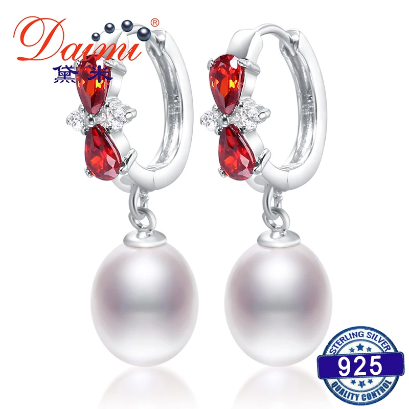

DAIMI Drop Earrings 8-9mm Tear Drop Pearl Dangler Shiny Red Crystal with 925 Silver Earrings Pearl Eardrop