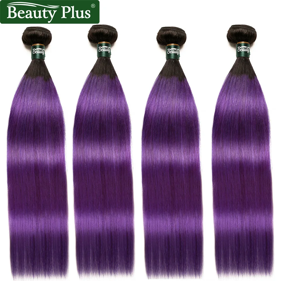 

Beauty Plus Two Tones 1B Purple Brazilian Hair Weave 4 Bundles Ombre Purple Human Hair Straight Extensions Pre-Colored Non Remy