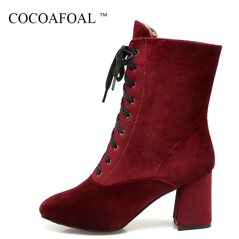 

COCOAFOAL Woman Winter Lace Up Chelsea Ankle Boots Black Pink Red Martin Boots Plus Size 33 43 Fashion High Heeled Shoes 2018