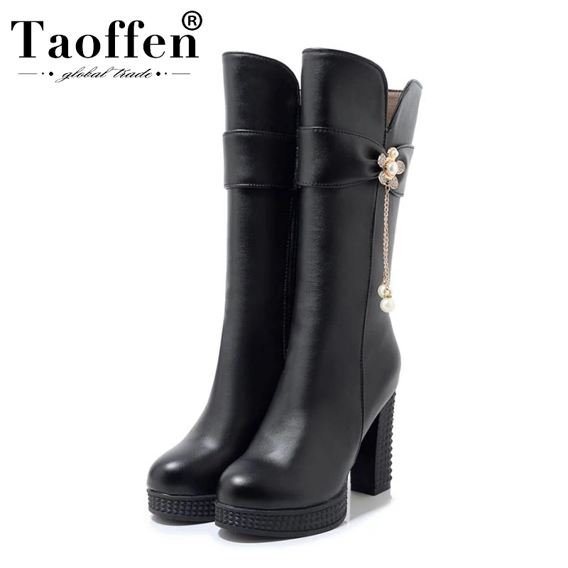 

TAOFFEN Sexy Office Ladies Winter Mid Calf Boots Platform Super High Heels Shoes Woman Zipper Beads White Boots Size 33-43