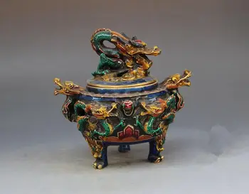

Crafts statue Antique brass dragon playing bead colored enamel censer Halloween
