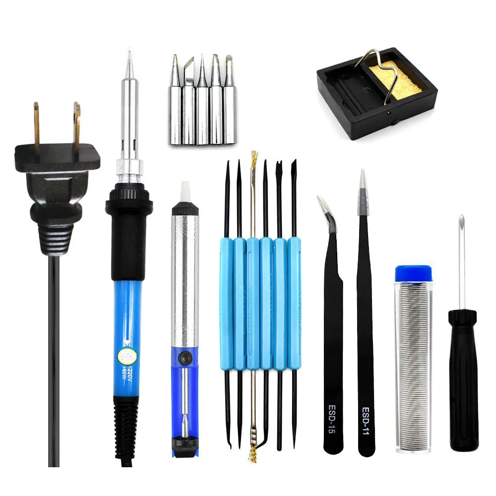 

110V 60W Adjustable Temperature Electric Soldering Iron Kit+5pcs Tips+Tweezers Solder Wire Portable Welding Repair Tool(US Plu