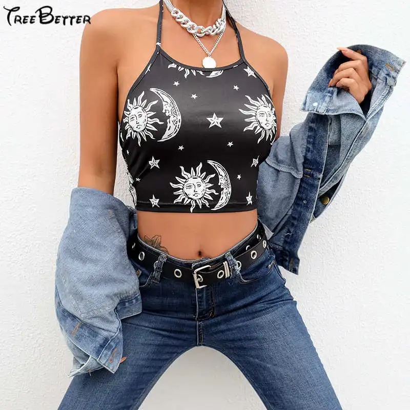 

2019 Summer Sleeveless Lace up Sun Moon Stars Printed Backless Sexy Club Party Crop Top Black Camis