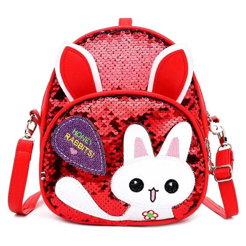 New Fashion High Quality Children Girls Babbit Bag Leather+ Sequins School Bookbag Travel Backpack Rucksack Zipper - Цвет: Красный