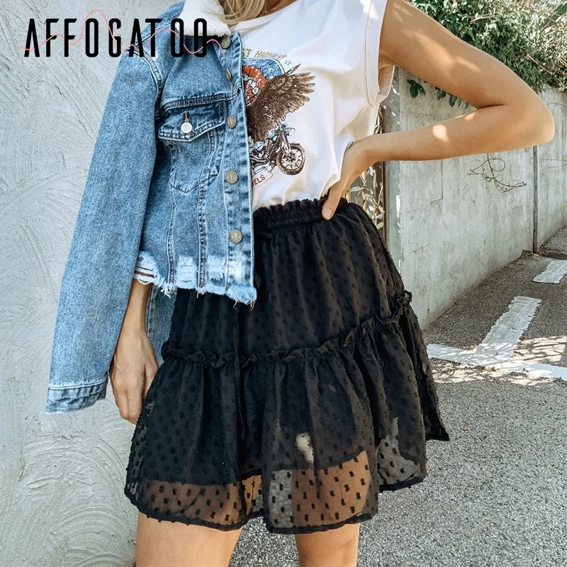 Affogatoo Casual polka dot ruffle summer pink skirt women A line high waist pleated short skirt Floral print chiffon beach skirt Affogatoo Casual polka dot ruffle summer pink skirt women A line high waist pleated short skirt Floral print chiffon beach skirt