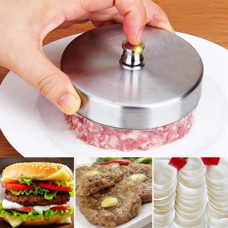

XUNZHE Meat Stainless Steel Round Shape Hamburger Press 9.5cm Non-Stick Pork Beef Meat Pie Burger Making Mold Kitchen Tools