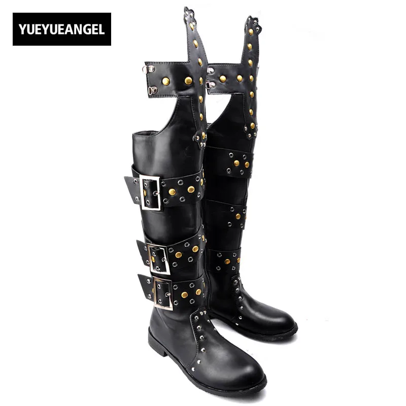 

Fashion Mens Over Boots Punk Rock Patent Leather Rivets Shoes Buckle Round Toe For Man Motorcycle Combat Boots Sz Free Shipping