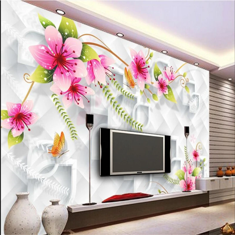 large custom peach flower wallpaper on the Livingroom TV wall